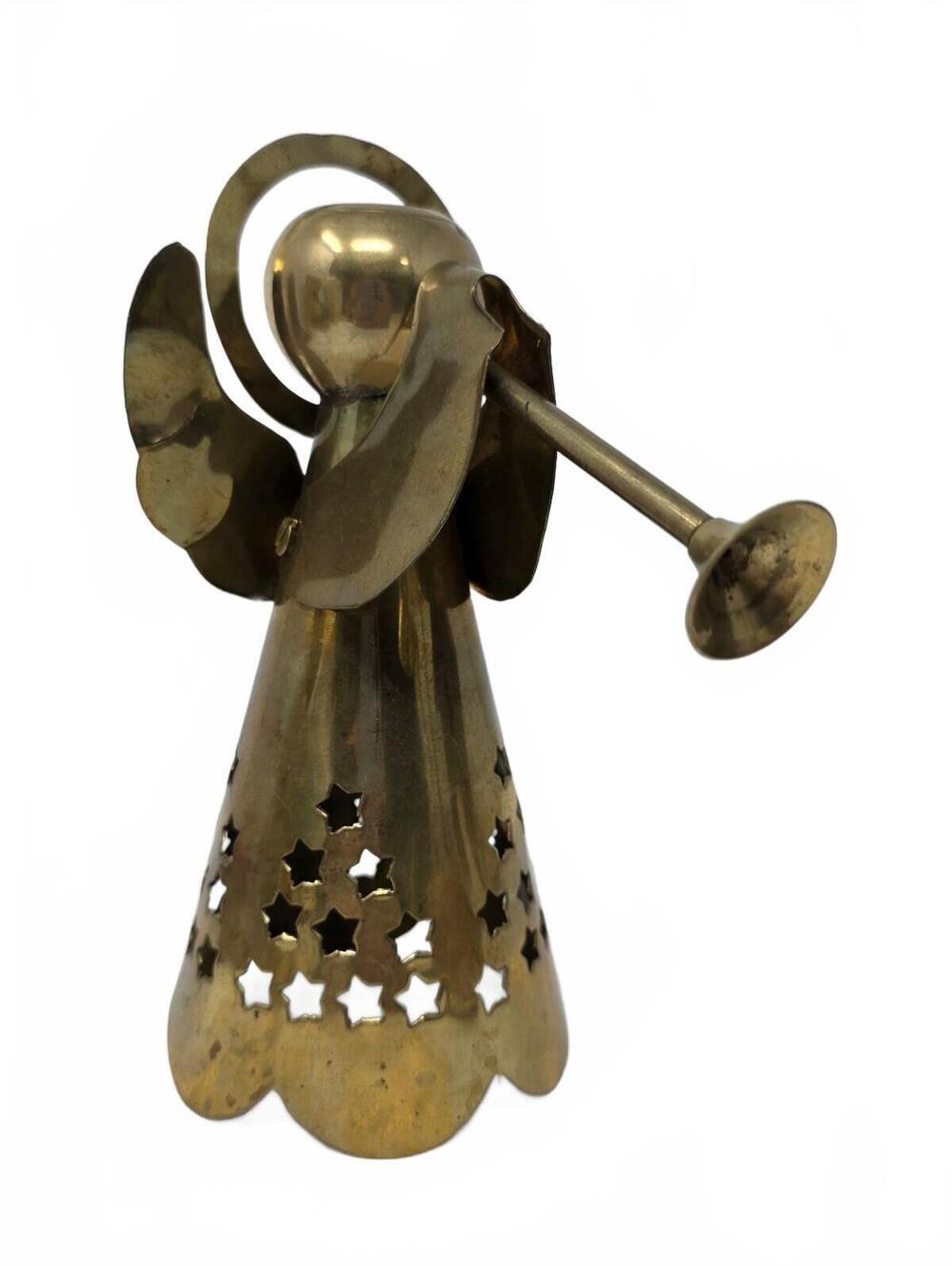 Vintage Brass Angel Taper Candle Holder Trumpet Star Cutout Christmas